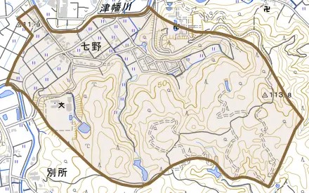字七野とその周辺の地図。町の範囲を重ねている