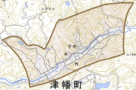 字下中とその周辺の地図。町の範囲を重ねている
