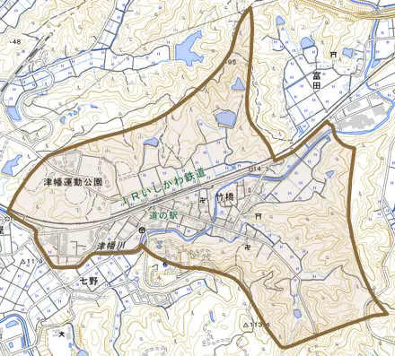 字竹橋とその周辺の地図。町の範囲を重ねている