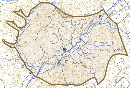 字種とその周辺の地図。町の範囲を重ねている