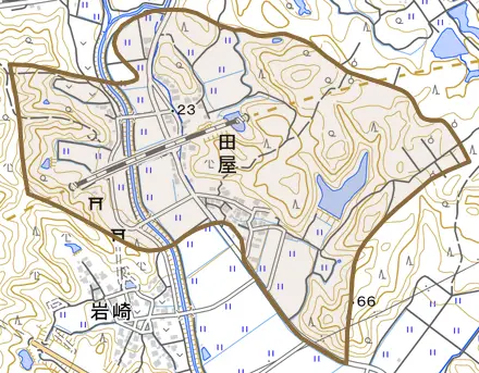 字田屋とその周辺の地図。町の範囲を重ねている