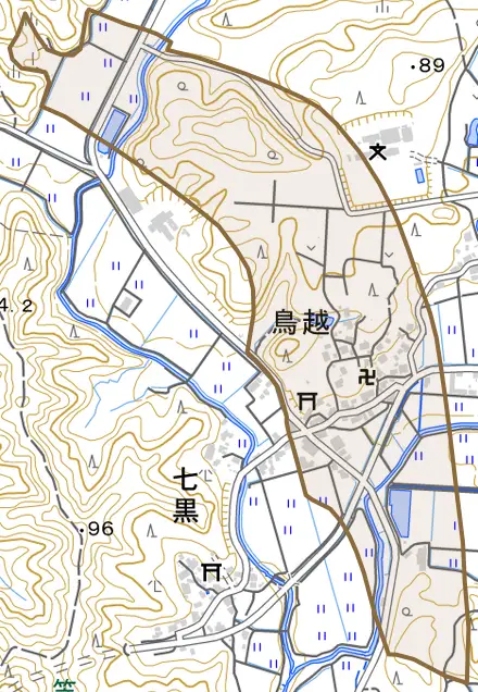 字鳥越とその周辺の地図。町の範囲を重ねている