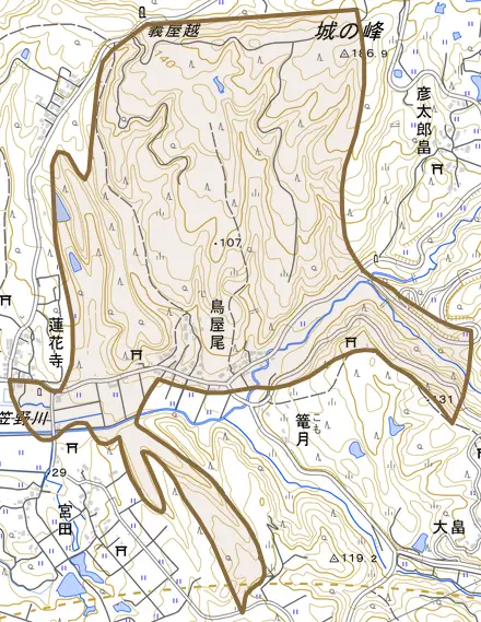 字鳥屋尾とその周辺の地図。町の範囲を重ねている