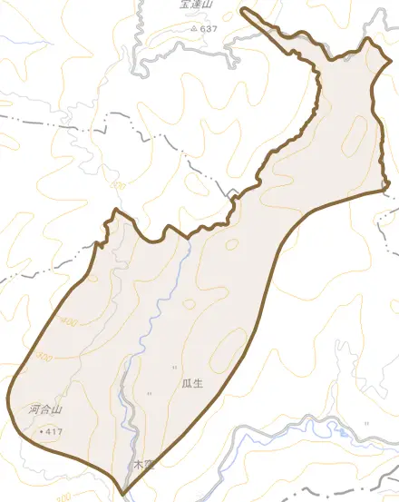字瓜生とその周辺の地図。町の範囲を重ねている