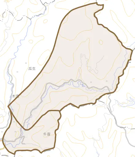 字牛首とその周辺の地図。町の範囲を重ねている