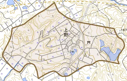 字上野とその周辺の地図。町の範囲を重ねている
