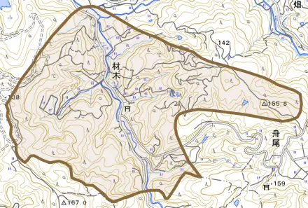 字材木とその周辺の地図。町の範囲を重ねている