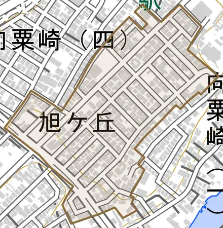 字旭ケ丘とその周辺の地図。町の範囲を重ねている