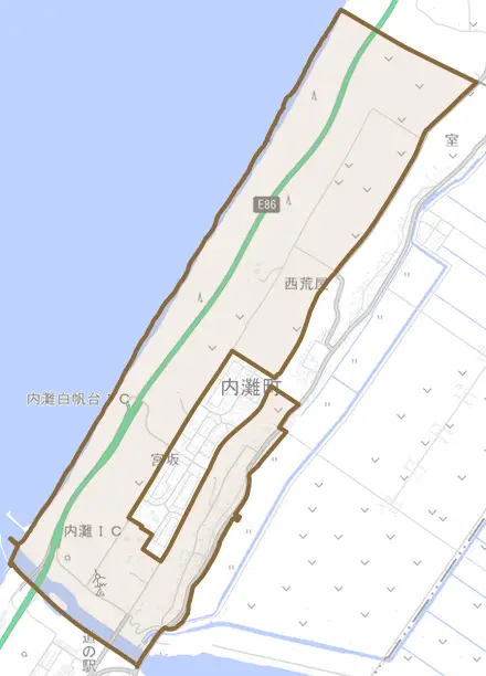 字宮坂とその周辺の地図。町の範囲を重ねている