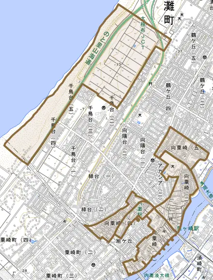 字向粟崎とその周辺の地図。町の範囲を重ねている