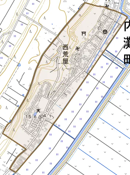 字西荒屋とその周辺の地図。町の範囲を重ねている