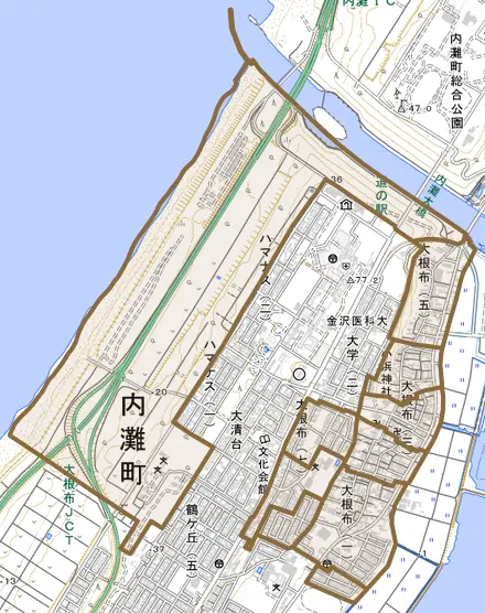 字大根布とその周辺の地図。町の範囲を重ねている