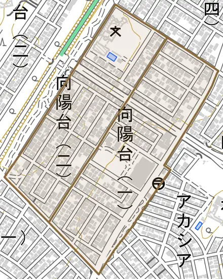 字向陽台とその周辺の地図。町の範囲を重ねている