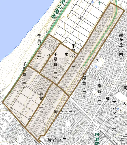 字千鳥台とその周辺の地図。町の範囲を重ねている