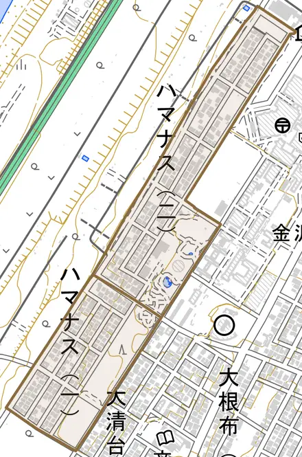 字ハマナスとその周辺の地図。町の範囲を重ねている