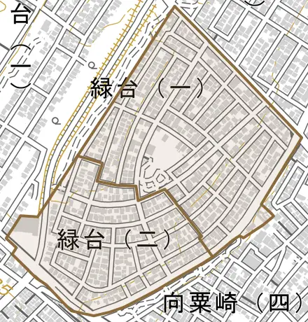 字緑台とその周辺の地図。町の範囲を重ねている