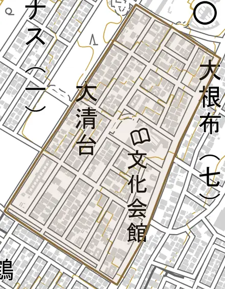 字大清台とその周辺の地図。町の範囲を重ねている