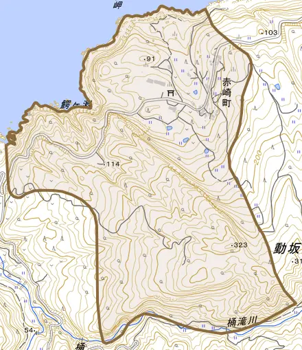 赤崎町とその周辺の地図。町の範囲を重ねている