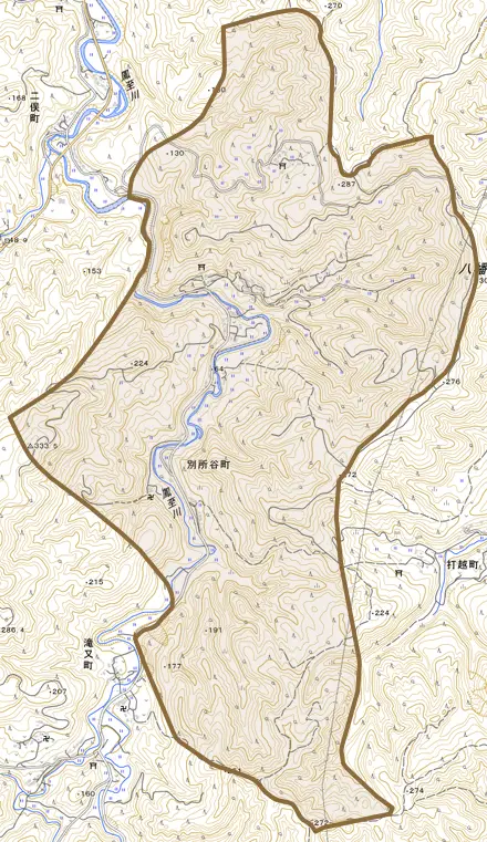 別所谷町とその周辺の地図。町の範囲を重ねている