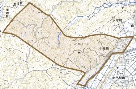 中段町とその周辺の地図。町の範囲を重ねている