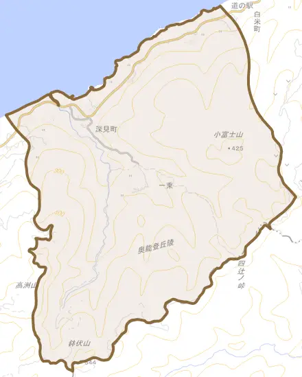 深見町とその周辺の地図。町の範囲を重ねている
