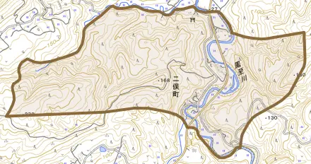 二俣町とその周辺の地図。町の範囲を重ねている