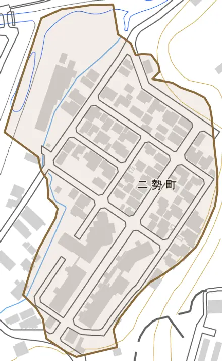 二勢町とその周辺の地図。町の範囲を重ねている