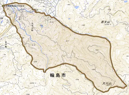 久手川町とその周辺の地図。町の範囲を重ねている