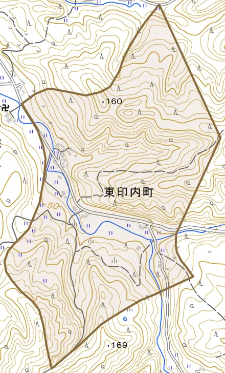 東印内町とその周辺の地図。町の範囲を重ねている