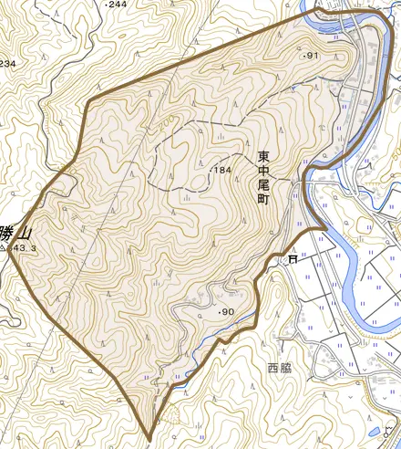 東中尾町とその周辺の地図。町の範囲を重ねている