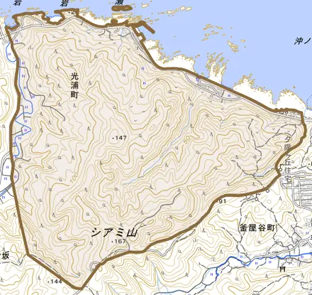 光浦町とその周辺の地図。町の範囲を重ねている
