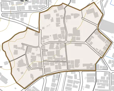 堀町とその周辺の地図。町の範囲を重ねている