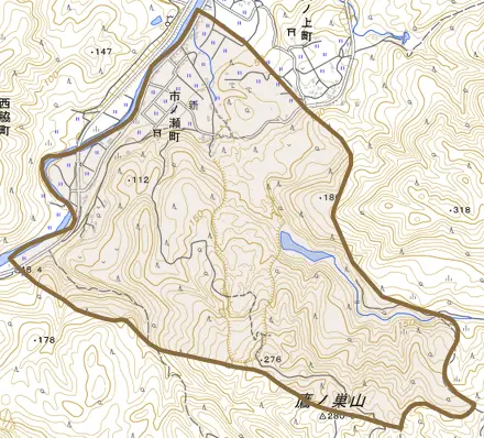 市ノ瀬町とその周辺の地図。町の範囲を重ねている