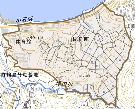 稲舟町とその周辺の地図。町の範囲を重ねている