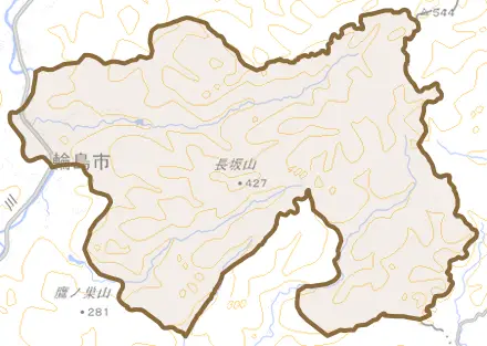 石休場町とその周辺の地図。町の範囲を重ねている