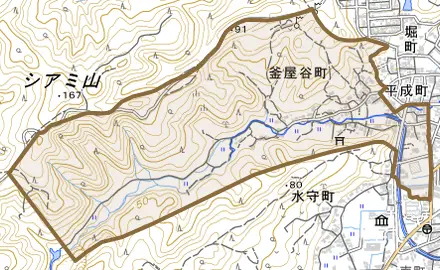 釜屋谷町とその周辺の地図。町の範囲を重ねている