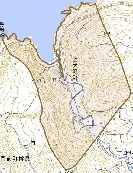 上大沢町とその周辺の地図。町の範囲を重ねている
