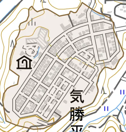 気勝平町とその周辺の地図。町の範囲を重ねている