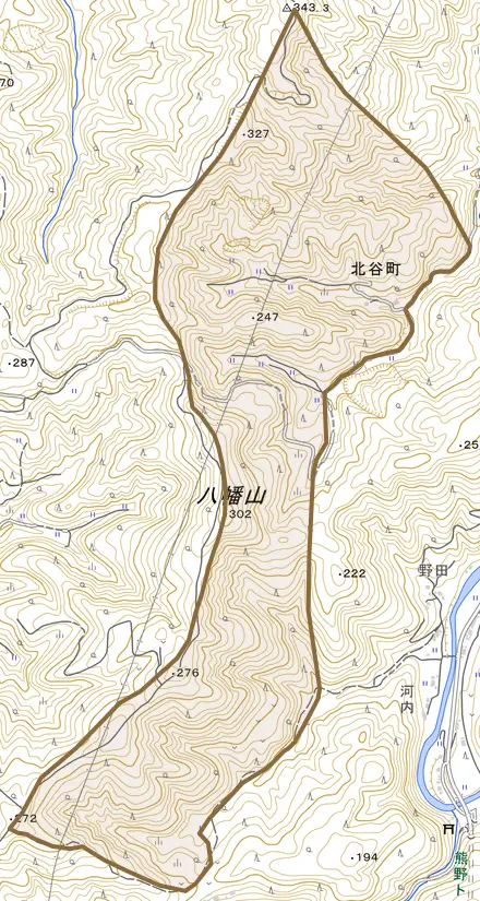 北谷町とその周辺の地図。町の範囲を重ねている