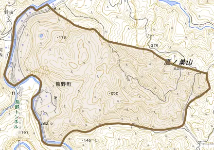 熊野町とその周辺の地図。町の範囲を重ねている