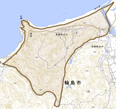 町野町大川とその周辺の地図。町の範囲を重ねている