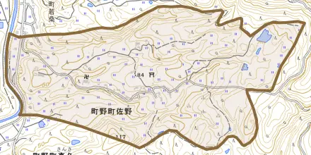 町野町佐野とその周辺の地図。町の範囲を重ねている