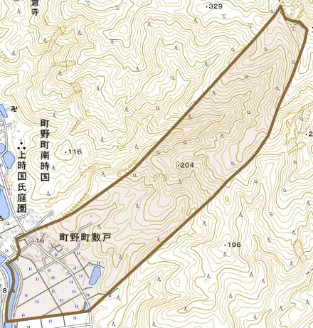 町野町敷戸とその周辺の地図。町の範囲を重ねている