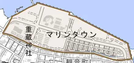 マリンタウンとその周辺の地図。町の範囲を重ねている