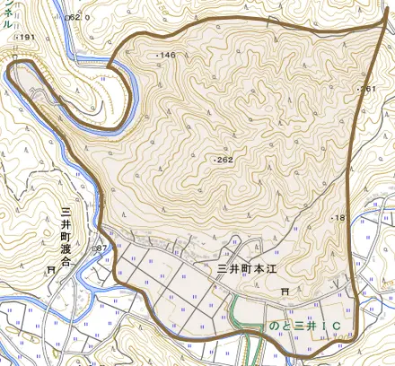 三井町本江とその周辺の地図。町の範囲を重ねている