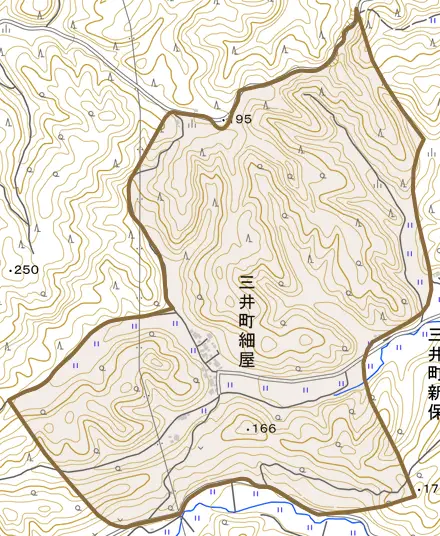 三井町細屋とその周辺の地図。町の範囲を重ねている