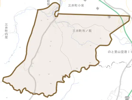 三井町市ノ坂とその周辺の地図。町の範囲を重ねている