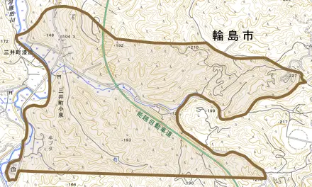 三井町小泉とその周辺の地図。町の範囲を重ねている