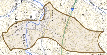 三井町長沢とその周辺の地図。町の範囲を重ねている