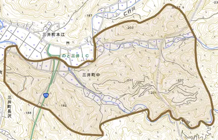 三井町中とその周辺の地図。町の範囲を重ねている